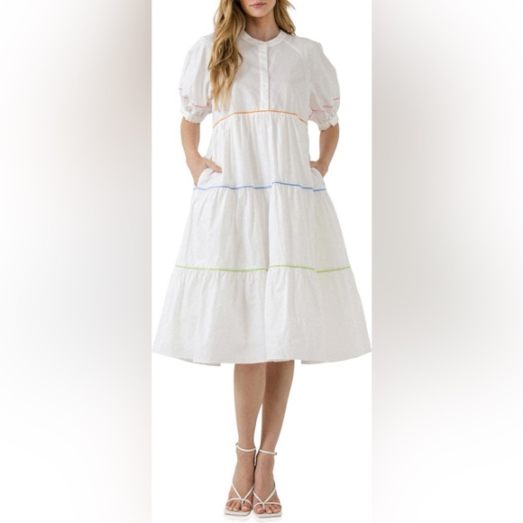 English Factory Tiered Puff Sleeve Cotton Midi Dress size S - Picture 1 of 16